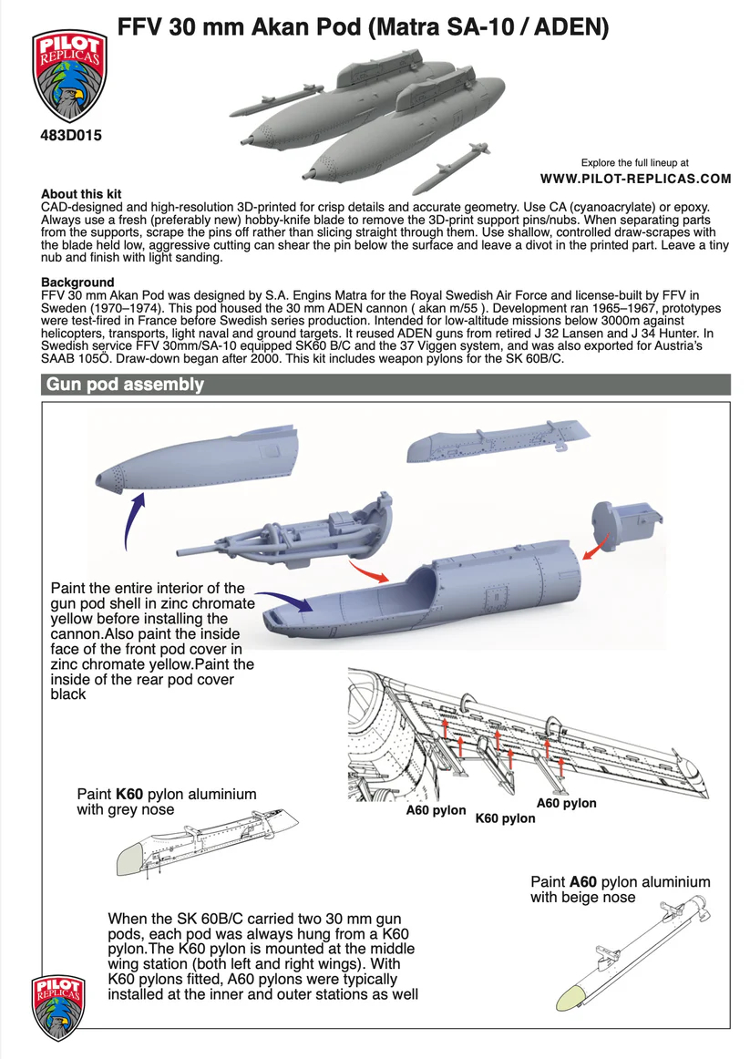 Pilot Replicas 483D015 FFV 30 mm Gun pod (Matra SA-10) for SAAB 105/SK60 & 37 Viggen - Afbeelding 6